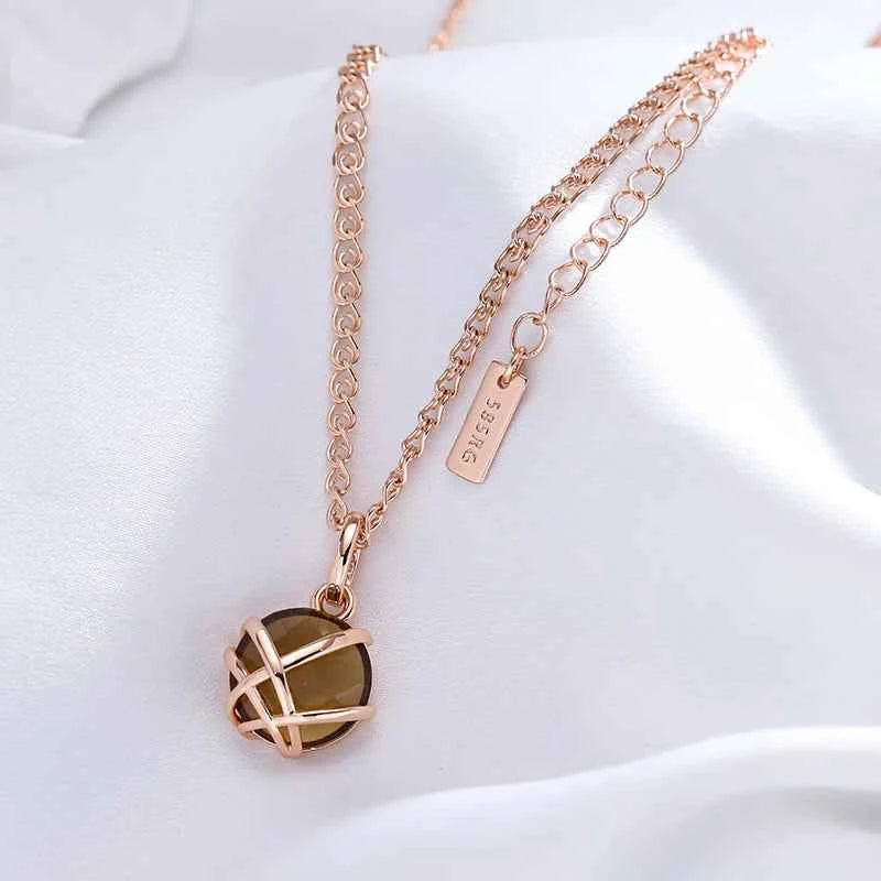Light Brown Gemstone Pendant Rose Gold Necklace