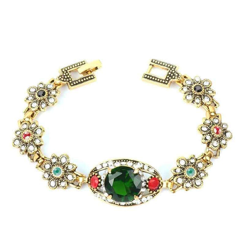 Luxury Green Stone Antique Gold Color Crystal Flower Turkish Bracelet