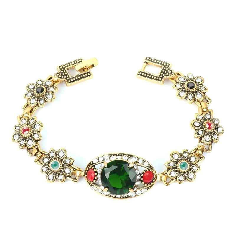 Luxury Green Stone Antique Gold Color Crystal Flower Turkish Bracelet
