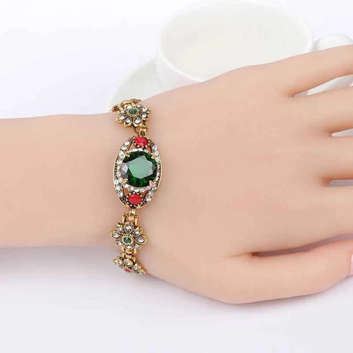 Luxury Green Stone Antique Gold Color Crystal Flower Turkish Bracelet