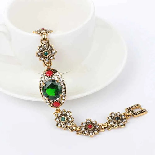 Luxury Green Stone Antique Gold Color Crystal Flower Turkish Bracelet