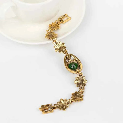 Luxury Green Stone Antique Gold Color Crystal Flower Turkish Bracelet
