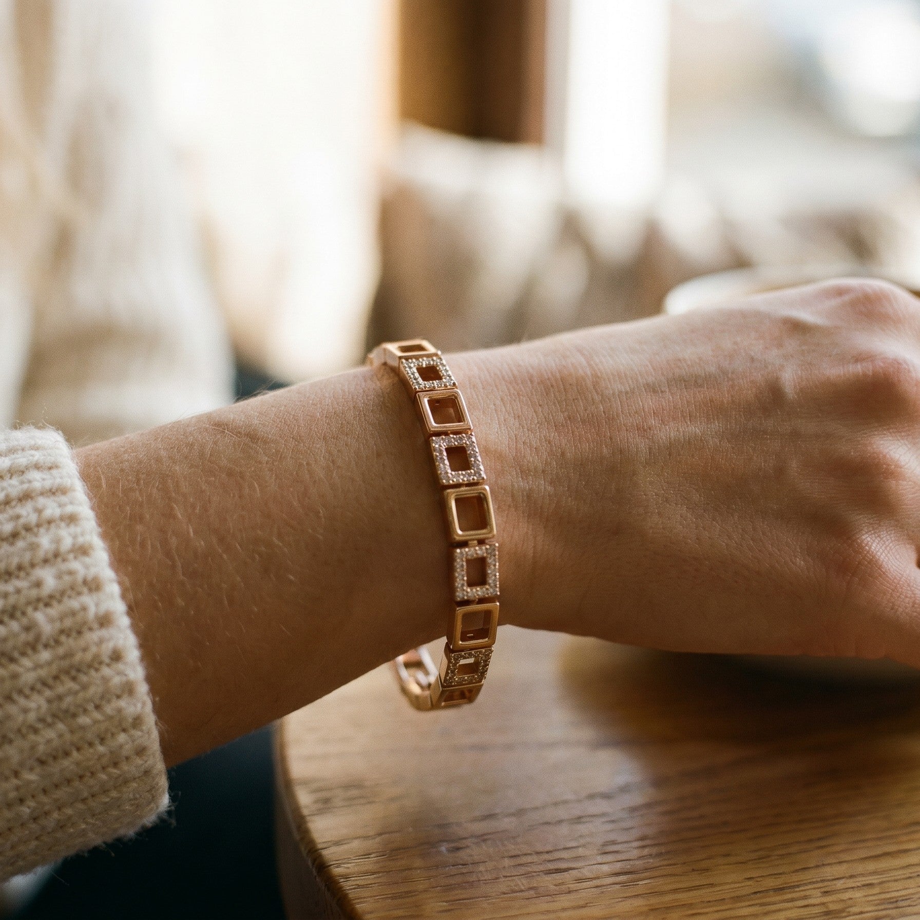 Rose Gold Square Link Zircon Bracelet - SEIYI