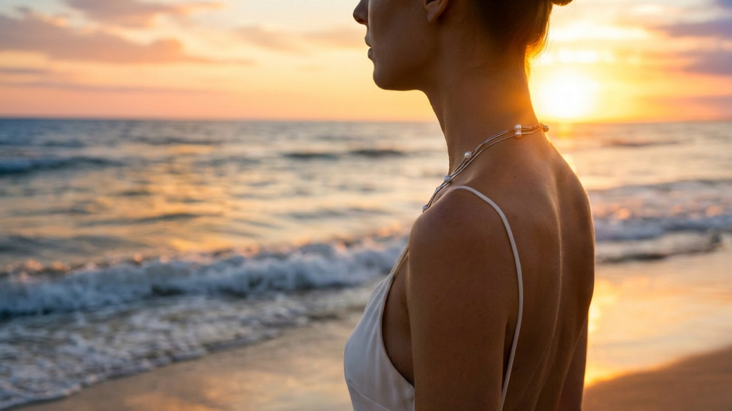 Woman standing by the ocean at golden hour wearing a delicate necklace — SEIYI jewelry