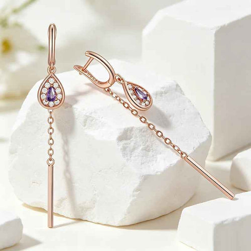 Purple Zircon Long Tassel Drop Earrings in Rose Gold