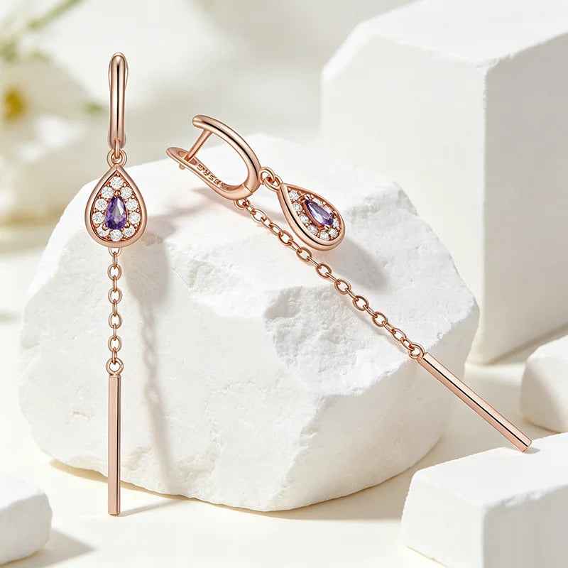 Purple Zircon Long Tassel Drop Earrings in Rose Gold