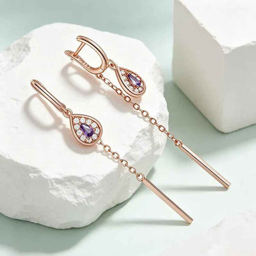 Purple Zircon Long Tassel Drop Earrings in Rose Gold