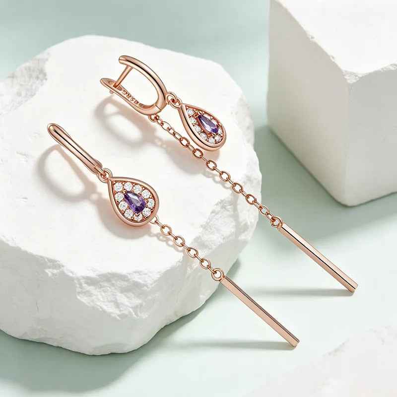 Purple Zircon Long Tassel Drop Earrings in Rose Gold