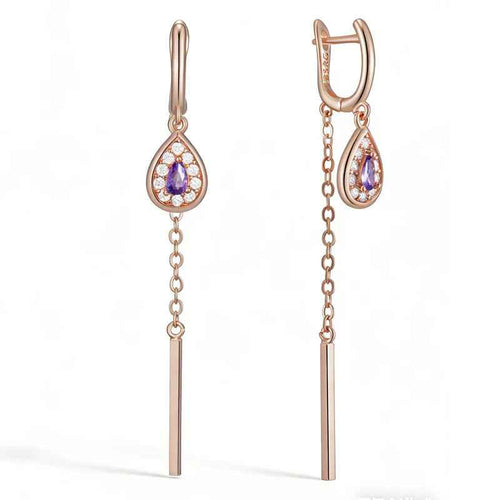 Purple Zircon Long Tassel Drop Earrings in Rose Gold