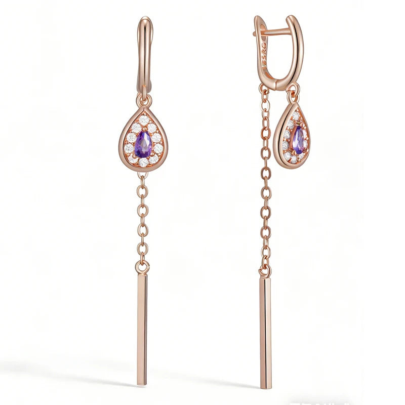 Purple Zircon Long Tassel Drop Earrings in Rose Gold