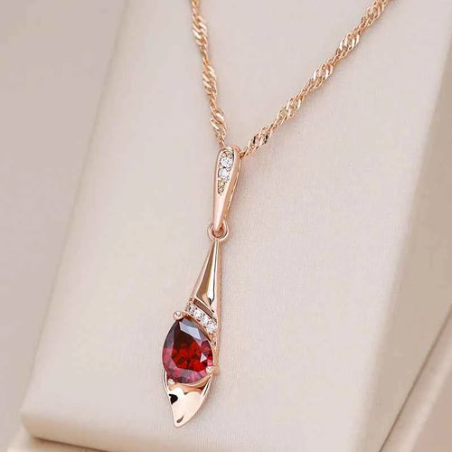 Red Gemstone Rose Gold Color Long Pendant Necklace