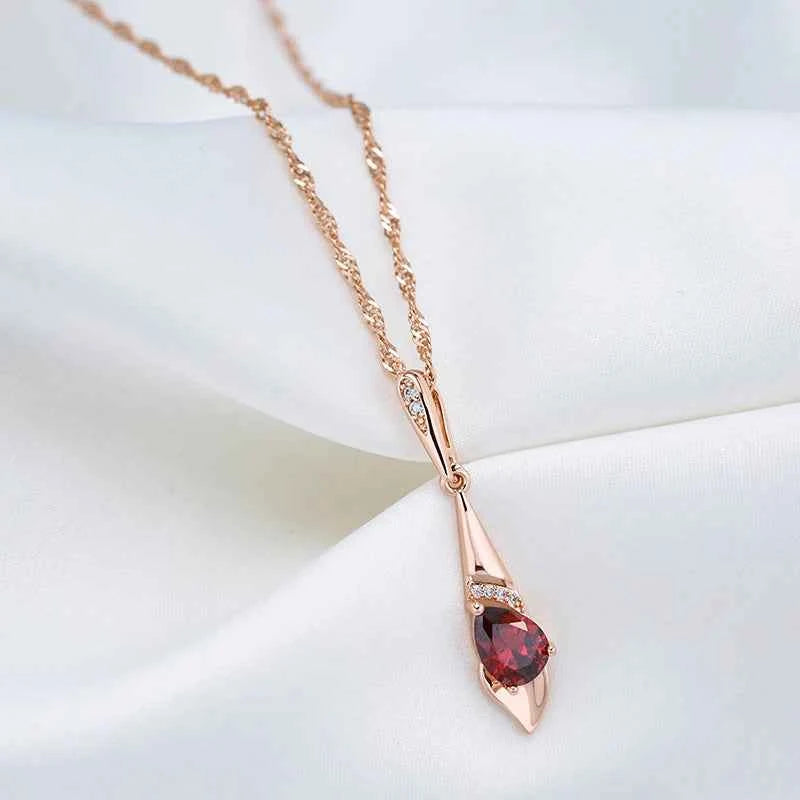 Red Gemstone Rose Gold Color Long Pendant Necklace