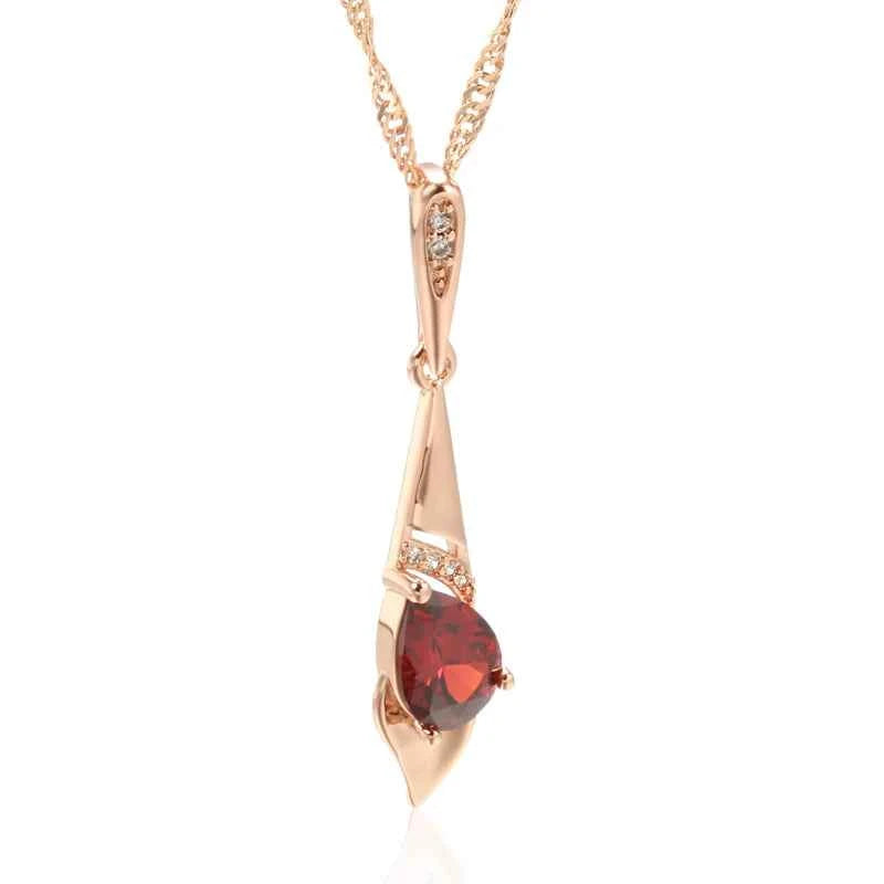 Red Gemstone Rose Gold Color Long Pendant Necklace