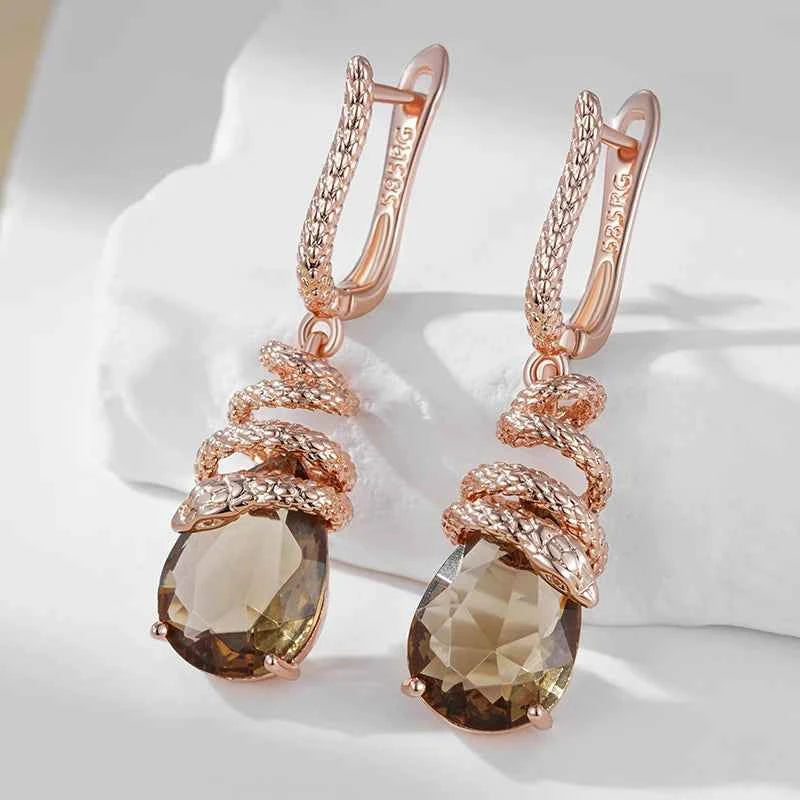Rose Gold Brown Zircon Snake Drop Earrings