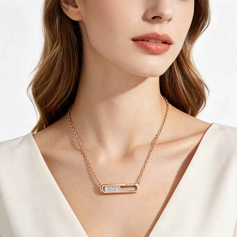 Rose Gold Geometric Bar Zircon Pendant Necklace