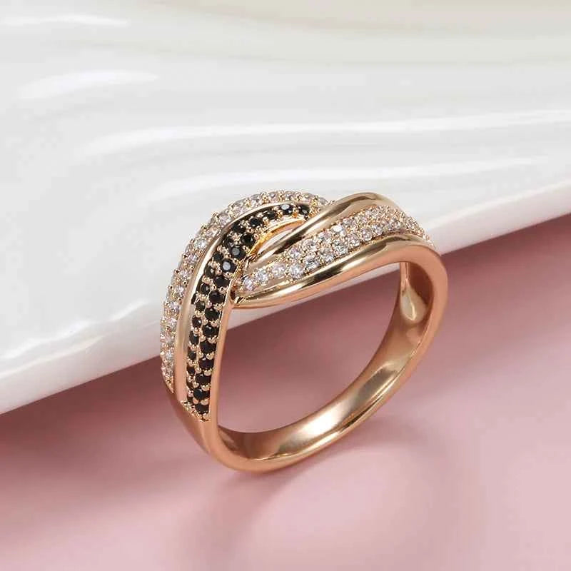Rose Gold Natural Black Zircon Double Row Wave Ring