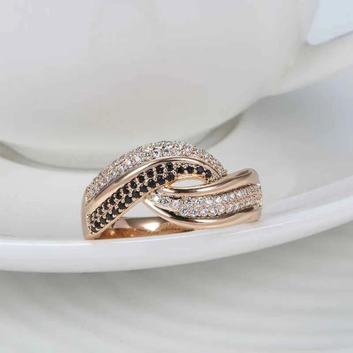 Rose Gold Natural Black Zircon Double Row Wave Ring