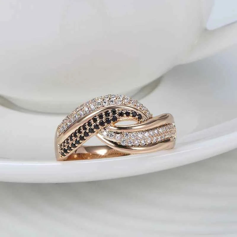 Rose Gold Natural Black Zircon Double Row Wave Ring