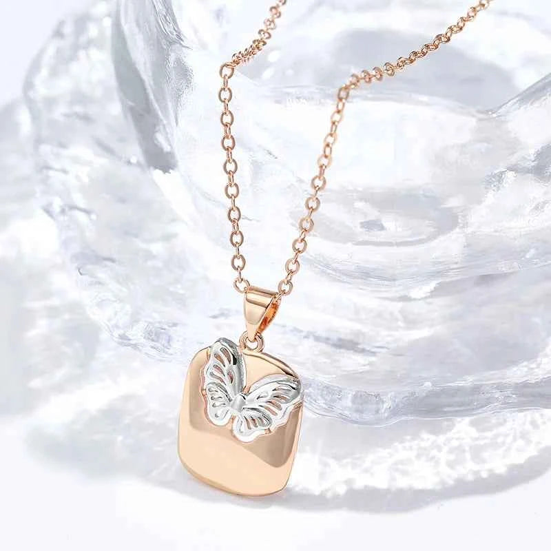 Rose Gold Silver Color Mix Hollow Butterfly Pendant Necklace