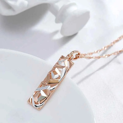 Rose Gold Silver Color Mix Square Long Pendant Necklace