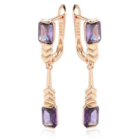 Rose Gold Square Purple Gemstone Long Drop Earrings