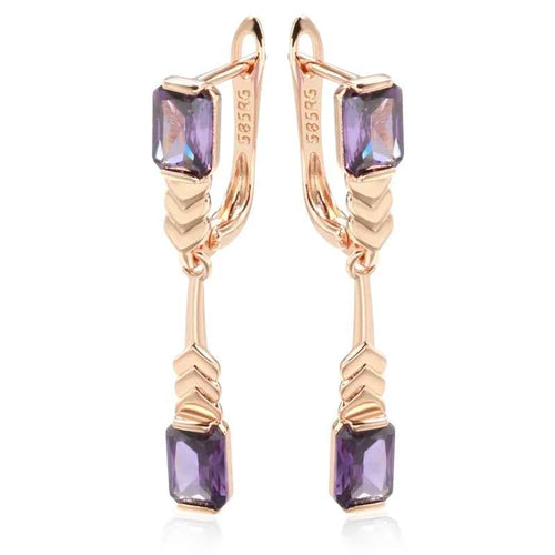 Rose Gold Square Purple Gemstone Long Drop Earrings