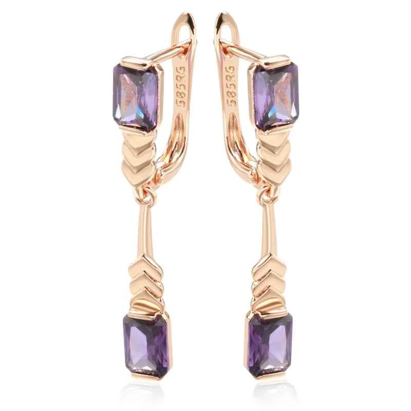 Rose Gold Square Purple Gemstone Long Drop Earrings