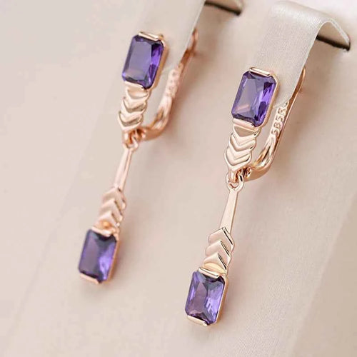 Rose Gold Square Purple Gemstone Long Drop Earrings
