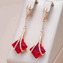 Rose Gold Red Zircon Geometric Long Drop Earrings