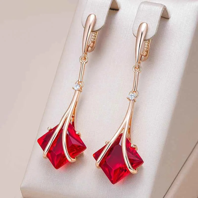 Rose Gold Red Zircon Geometric Long Drop Earrings