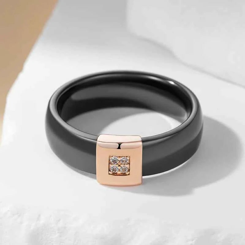 Rose Gold Black Ceramic Zircon Accent Ring