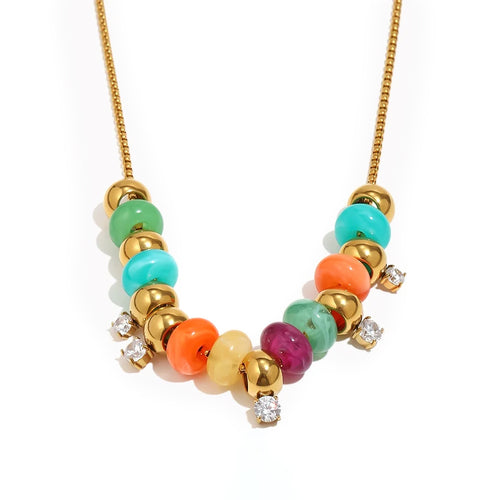Gold colorful resin bead station necklace on white background, multicolor resin beads in mint turquoise coral amber and plum alternating with polished gold spheres, five clear stone stations on box chain, soft shadow
