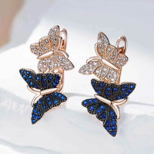 Rose Gold Blue & Clear Zircon Butterfly Drop Earrings