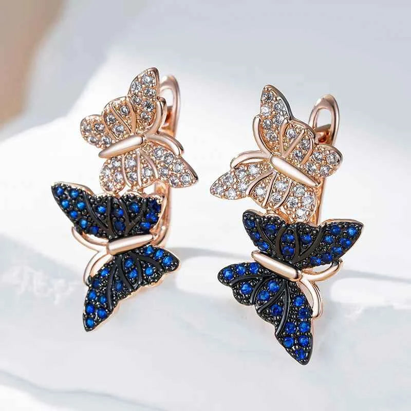 Rose Gold Blue & Clear Zircon Butterfly Drop Earrings