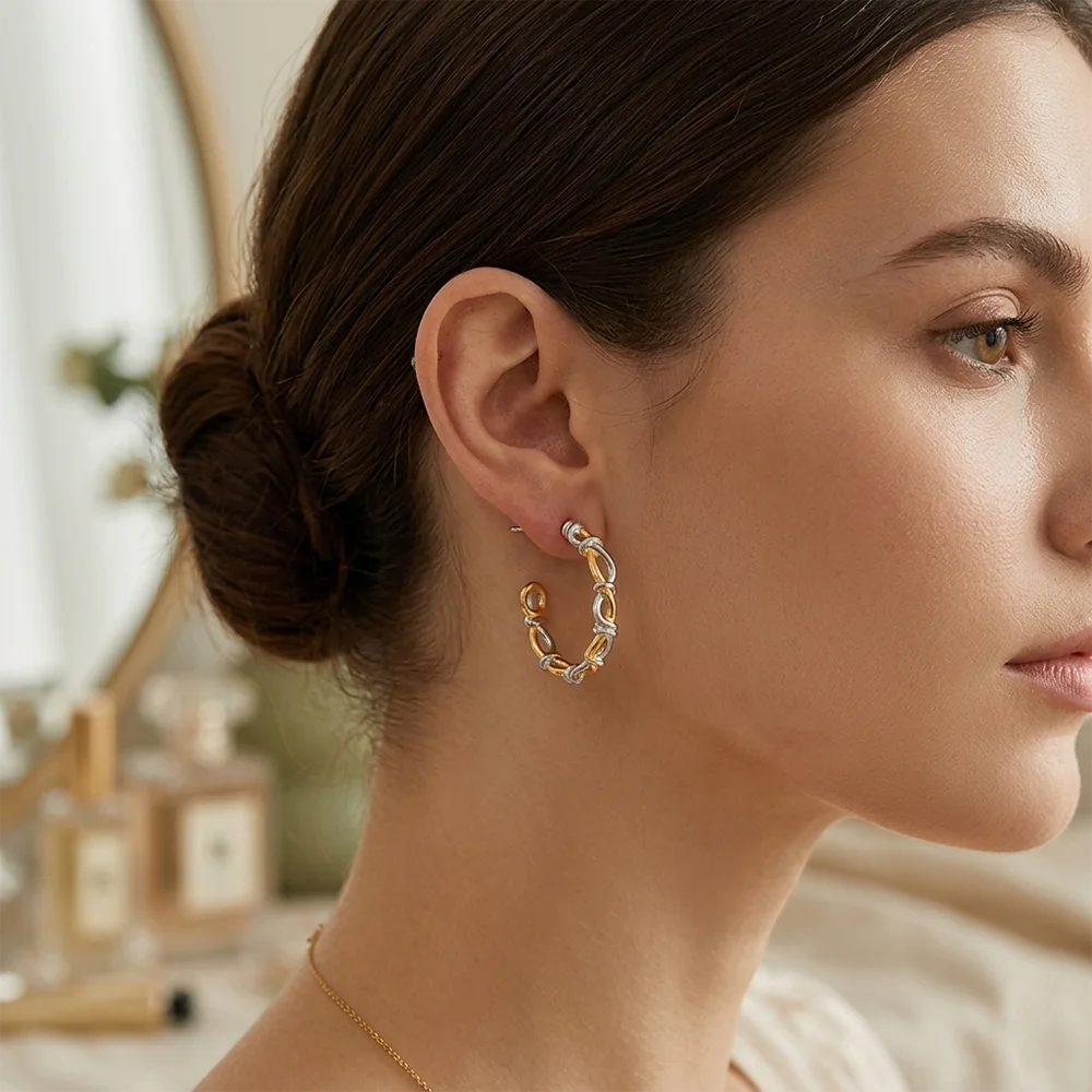 Two-Tone Twisted Knot C Hoop Earrings - SEIYI