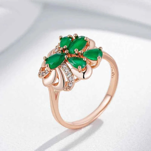 Rose Gold Green Zircon Floral Cocktail Ring