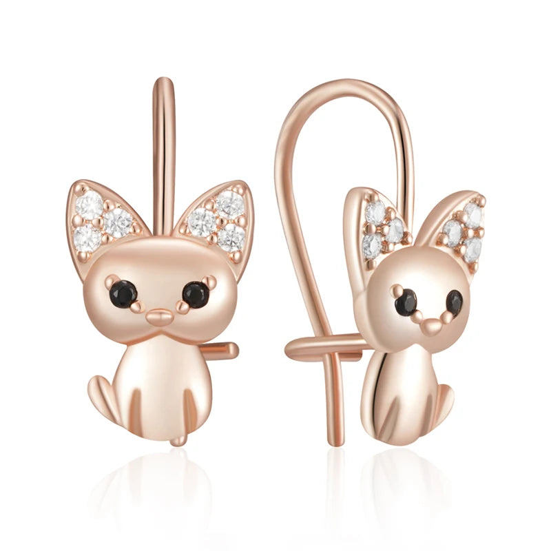 Rose Gold Cute Cat Zircon Drop Earrings