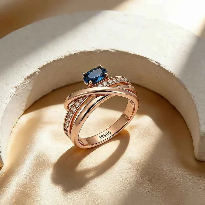 Rose Gold Blue Zircon Crisscross Statement Ring