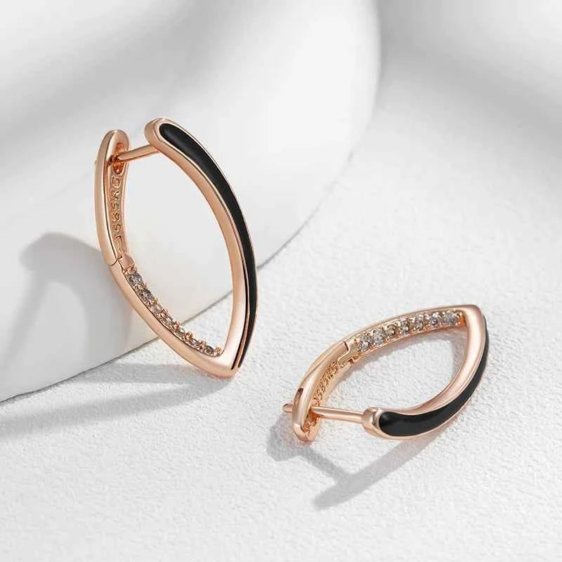 Rose Gold Black Enamel Zircon Hoop Earrings