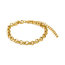Gold textured rolo chain bracelet on white background, hammered round links with granular surface detail, lobster clasp and 5 cm extender chain visible, soft warm shadow beneath
