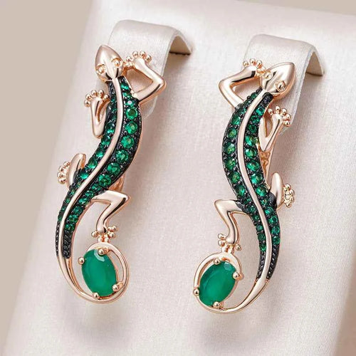 Rose Gold Green Zircon Lizard Drop Earrings