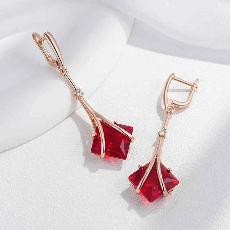 Rose Gold Red Zircon Geometric Long Drop Earrings