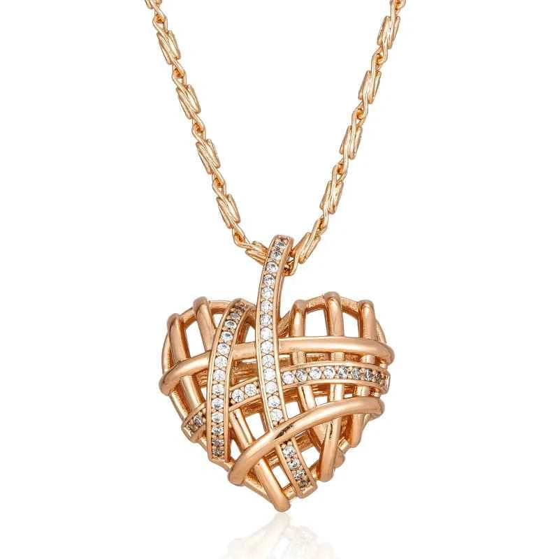 Rose Gold Hollow Woven Heart Zircon Pendant Necklace