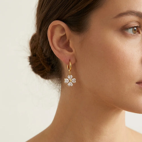 Four-Leaf Heart Crystal Hoop Drop Earrings - SEIYI