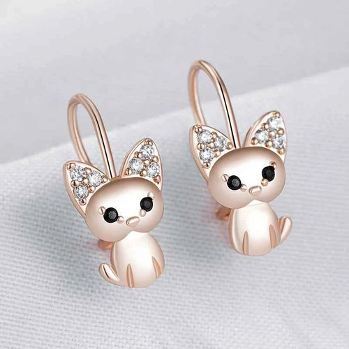Rose Gold Cute Cat Zircon Drop Earrings