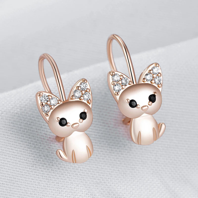 Rose Gold Cute Cat Zircon Drop Earrings