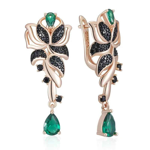 Rose Gold Green & Black Zircon Floral Drop Earrings
