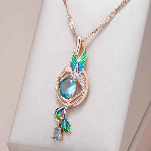 Peacock Enamel & Blue Zircon Pendant Necklace
