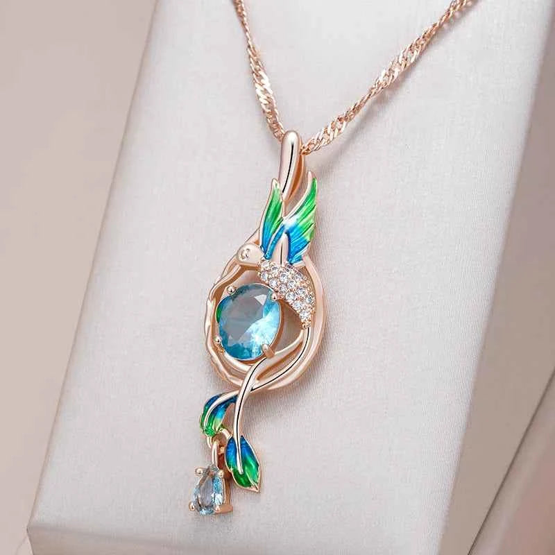 Peacock Enamel & Blue Zircon Pendant Necklace