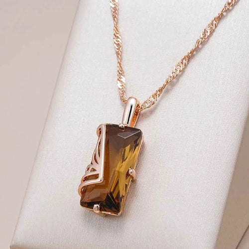 Rose Gold Smoky Brown Emerald-Cut Zircon Pendant Necklace